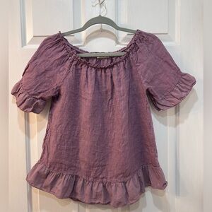 Terzo Millennio 100% Linen Italy Ruffle Trim Blouse Women’s S Lagenlook Babydoll